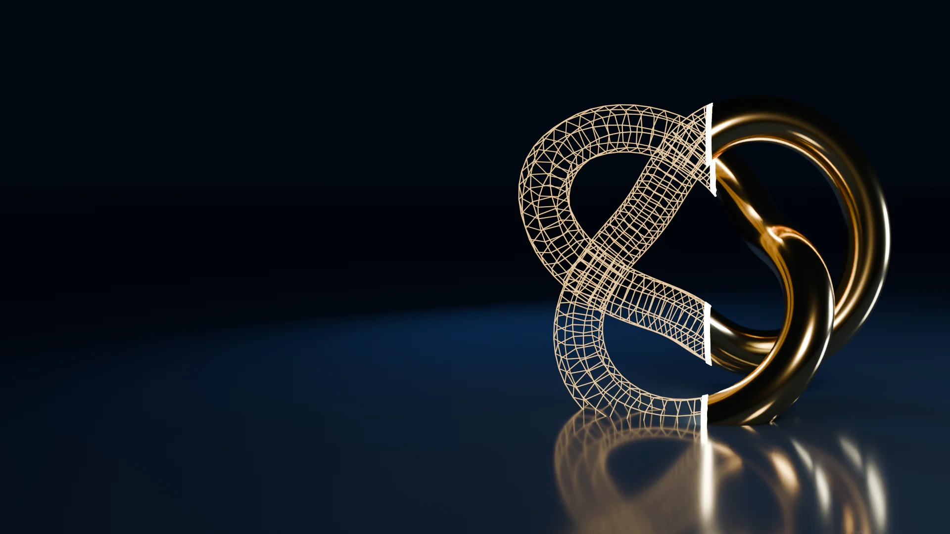 Blender ile render edilmi?; yar?s? ???yan tel kafes, yar?s? cilal? alt?n torus d???m?
