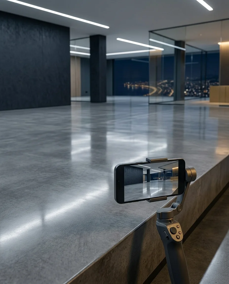 Gimbal üzerindeki telefonla parlak beton zeminli bir salonun çekimi