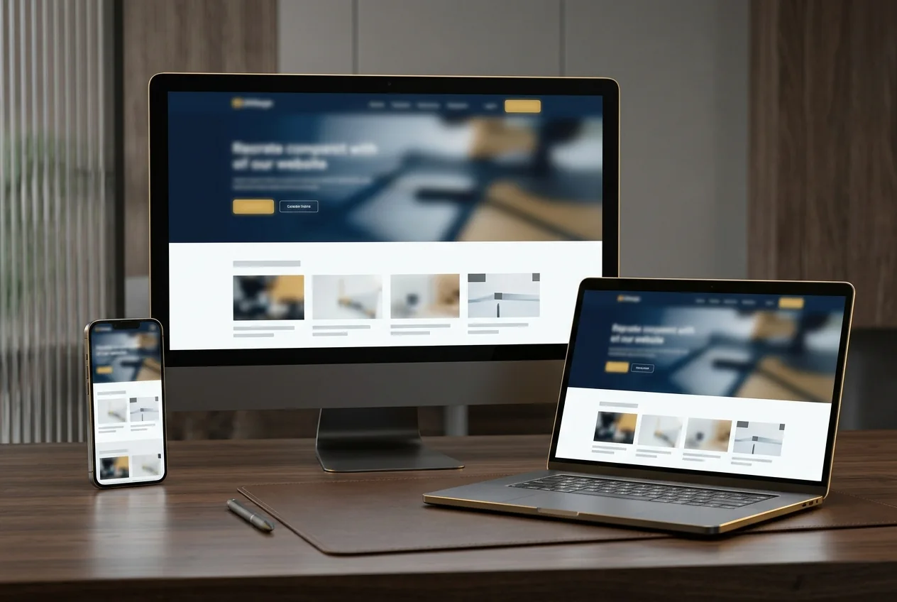 Masaüstü, dizüstü ve telefonda aynı web sitesinin açık olduğu ceviz masa
