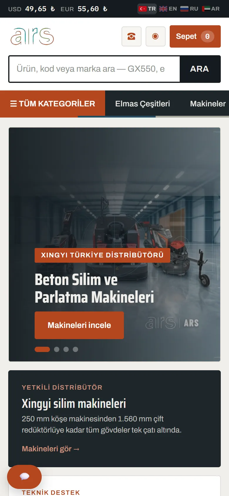 ARS Zemin Teknolojileri web sitesi mobil görünümü